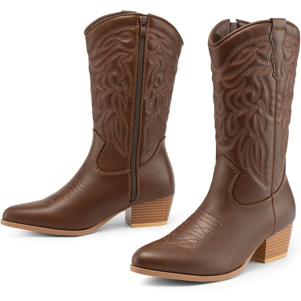 Dodow Women's Brown Pointed Toe Zipper Western Cowgirl Pu Mid Calf Boots - Picture 4 of 6